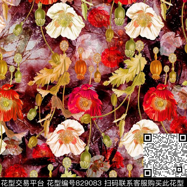 罂粟花果实红色花数码印花华亿平台下载（图片编号: 829083） - 瓦栏（Walan）