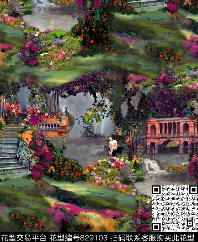 山水画欧美民族风数码印花华亿平台下载（图片编号: 829103） - 瓦栏（Walan）