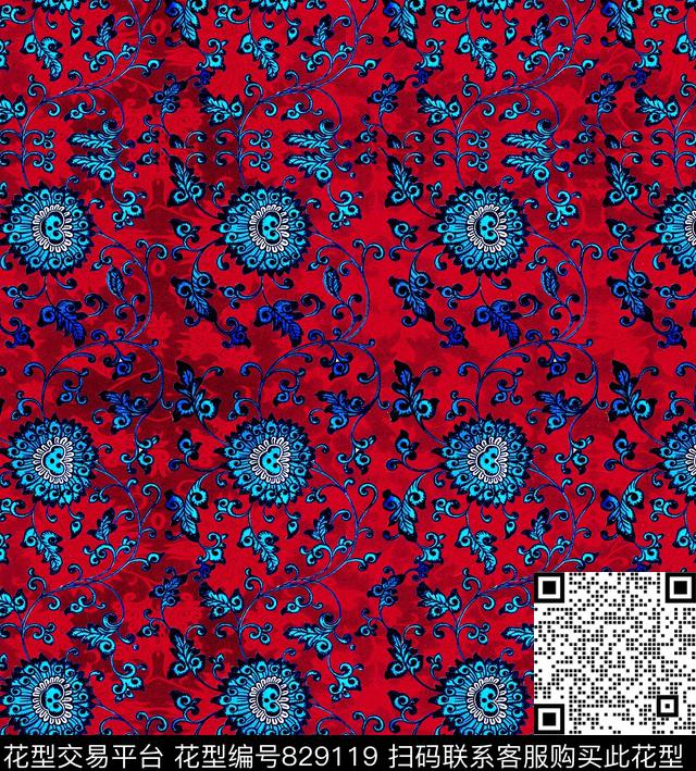 莲花青瓷花中国纹样数码印花华亿平台下载（图片编号: 829119） - 瓦栏（Walan）