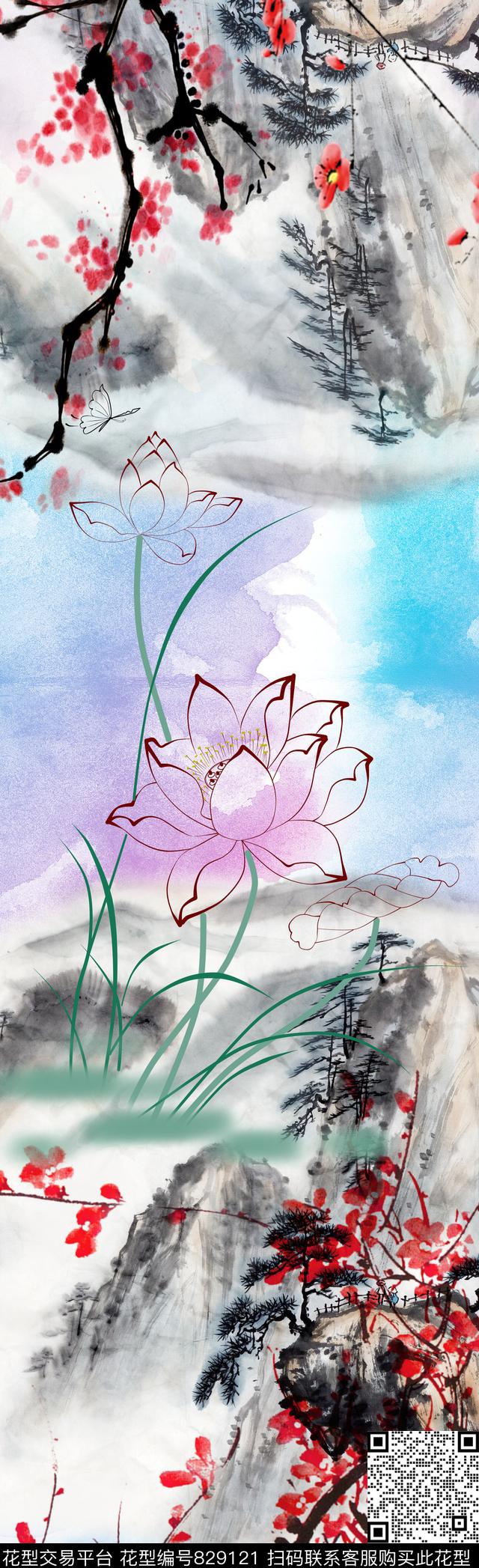 梅花水墨荷花数码印花华亿平台下载（图片编号: 829121） - 瓦栏（Walan）