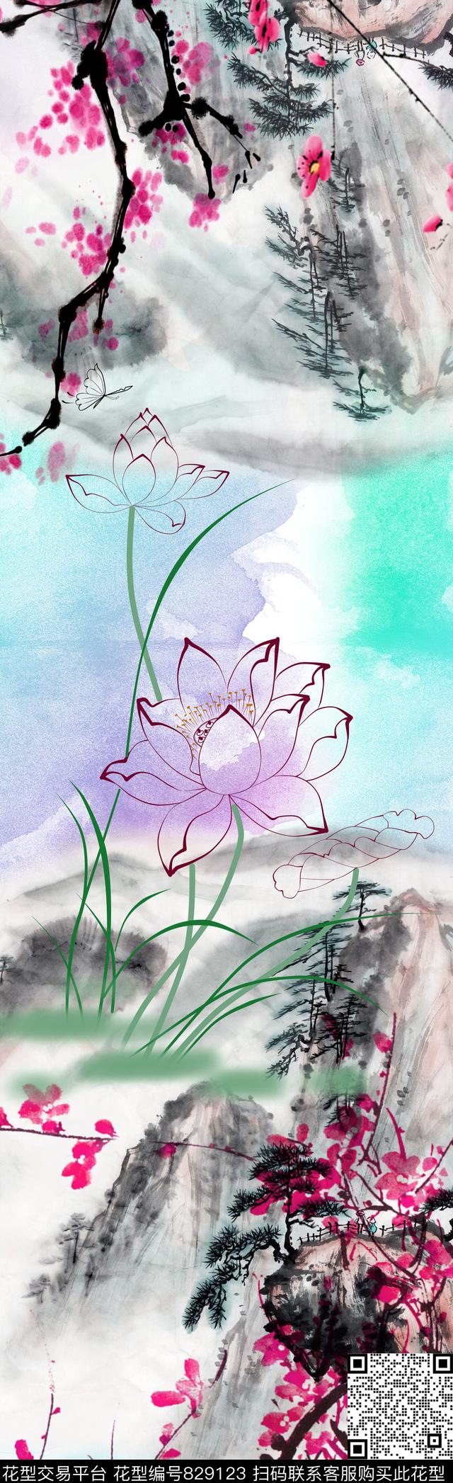 梅花水墨荷花数码印花华亿平台下载（图片编号: 829123） - 瓦栏（Walan）