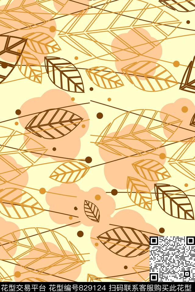 叶子线条圆点传统印花华亿平台下载（图片编号: 829124） - 瓦栏（Walan）