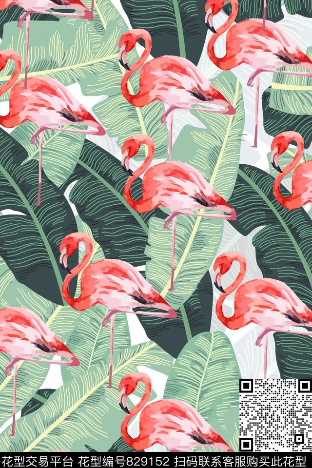 鸟棕榈叶子火烈鸟传统印花华亿平台下载（图片编号: 829152） - 瓦栏（Walan）