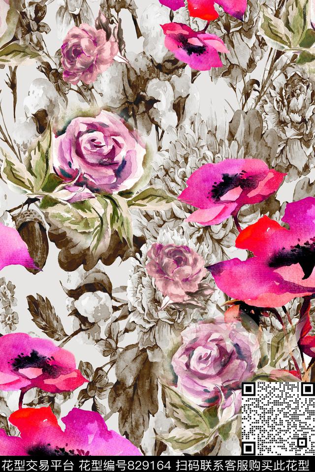 手绘荷花肌理数码印花华亿平台下载（图片编号: 829164） - 瓦栏（Walan）