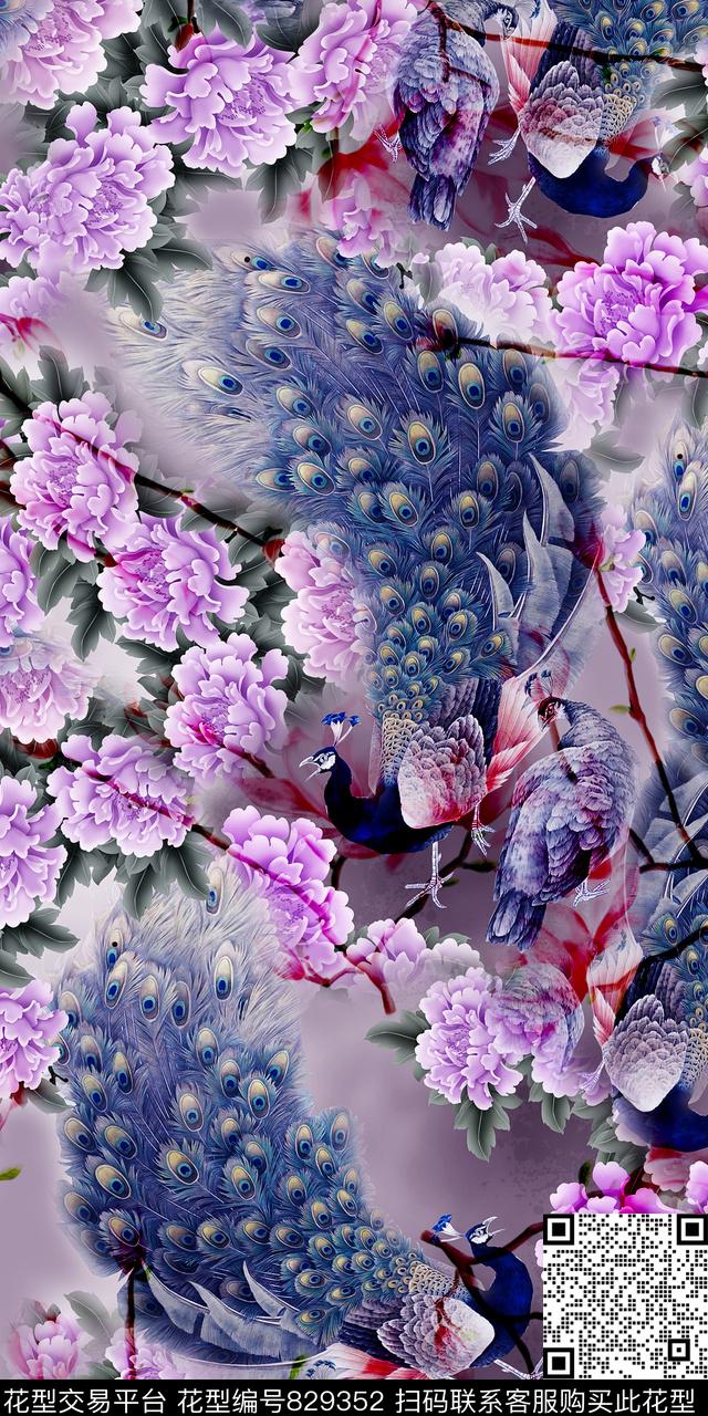 花卉乱花孔雀数码印花华亿平台下载（图片编号: 829352） - 瓦栏（Walan）