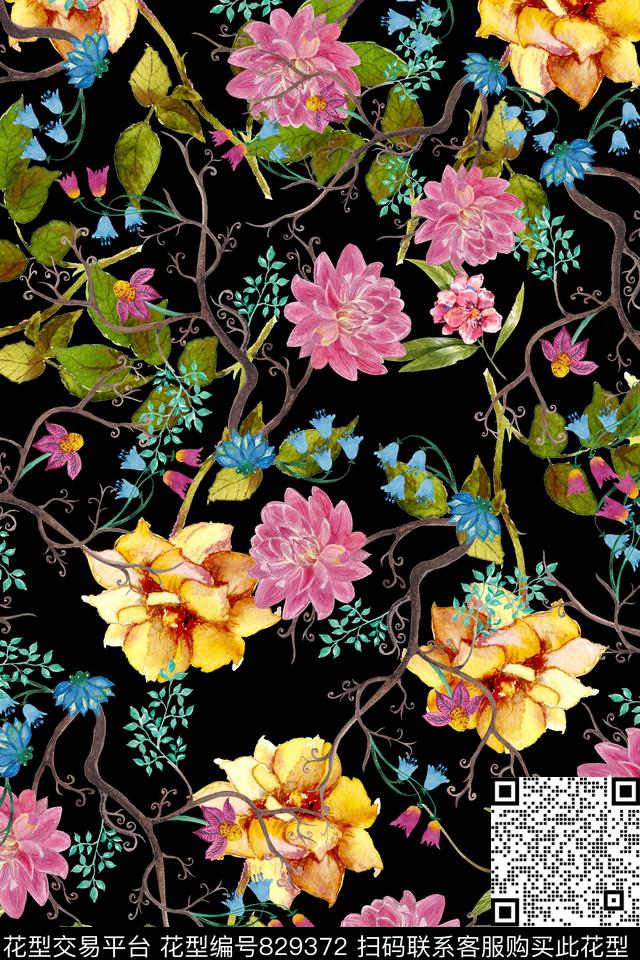 花卉叶子藤条数码印花华亿平台下载（图片编号: 829372） - 瓦栏（Walan）