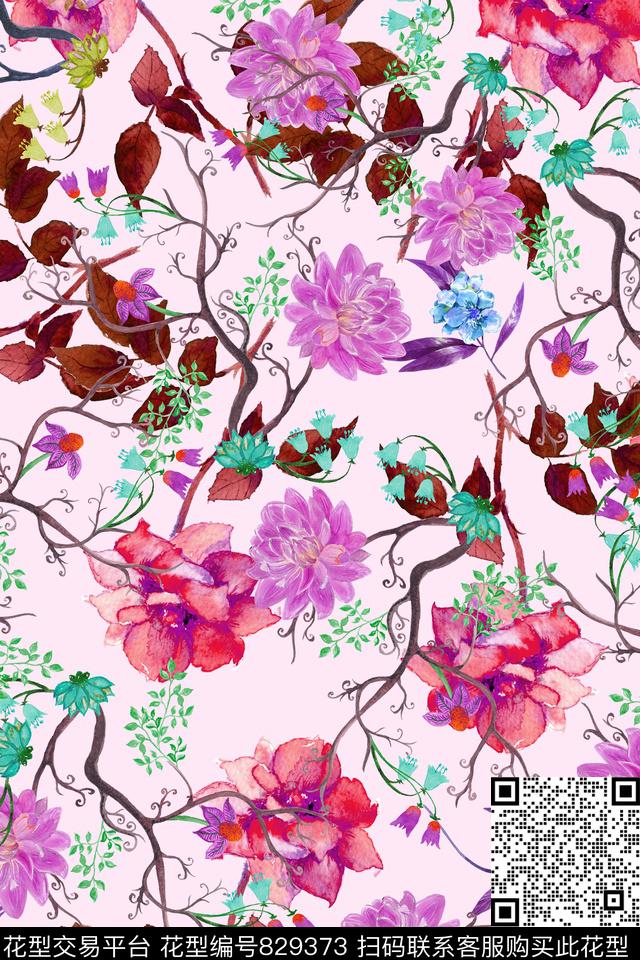 花卉叶子藤条数码印花华亿平台下载（图片编号: 829373） - 瓦栏（Walan）