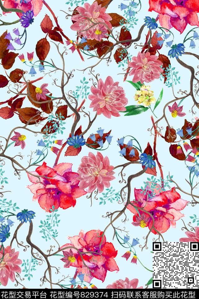 花卉叶子藤条数码印花华亿平台下载（图片编号: 829374） - 瓦栏（Walan）