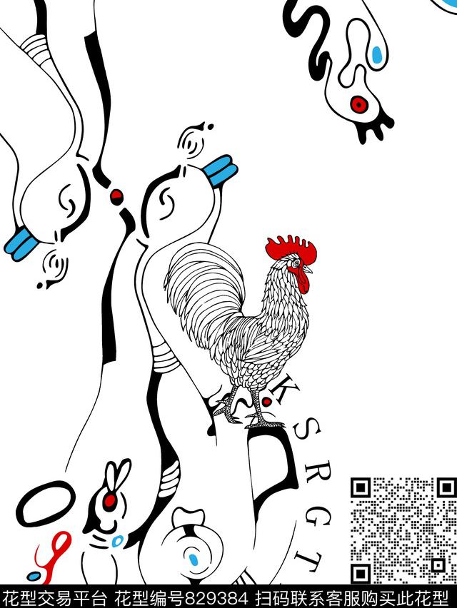 公鸡几何男装T恤华亿平台传统印花华亿平台下载（图片编号: 829384） - 瓦栏（Walan）