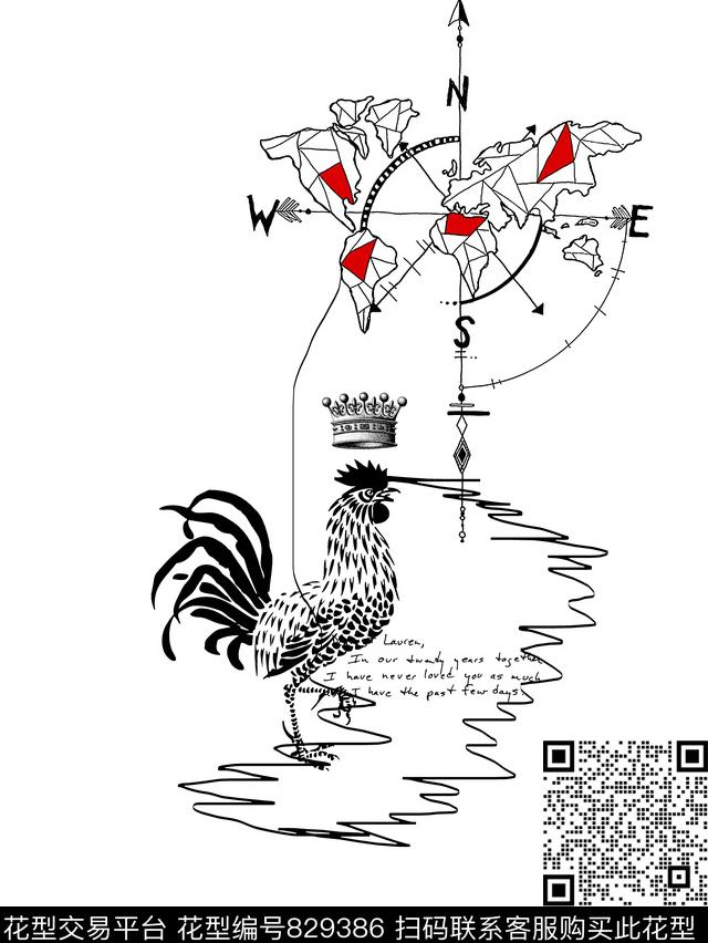 公鸡指南针男装T恤华亿平台传统印花华亿平台下载（图片编号: 829386） - 瓦栏（Walan）