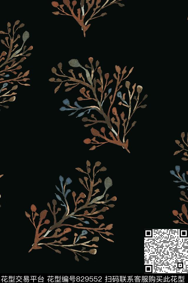 单色黑底树枝数码印花华亿平台下载（图片编号: 829552） - 瓦栏（Walan）