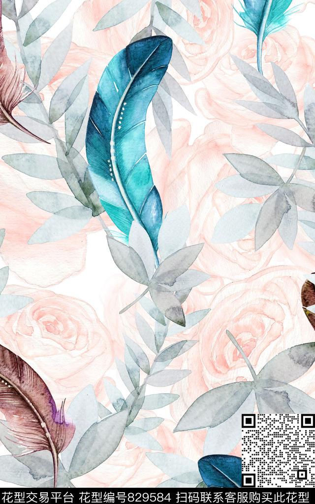花卉羽毛叶子数码印花华亿平台下载（图片编号: 829584） - 瓦栏（Walan）