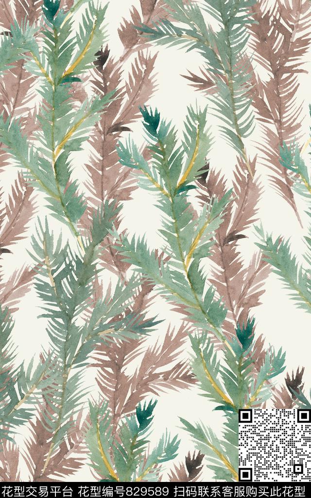 椰子树叶水彩叶子数码印花华亿平台下载（图片编号: 829589） - 瓦栏（Walan）
