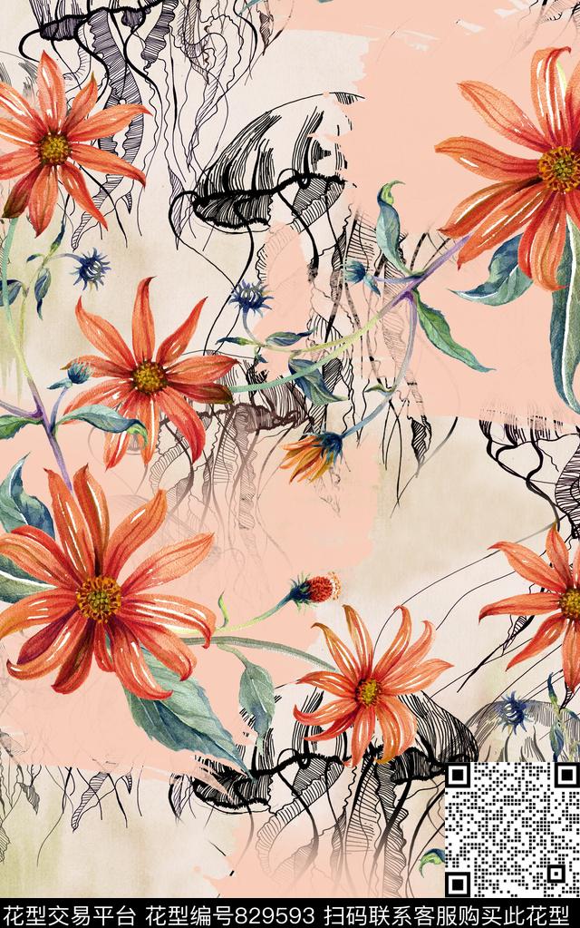 笔触花卉线条数码印花华亿平台下载（图片编号: 829593） - 瓦栏（Walan）