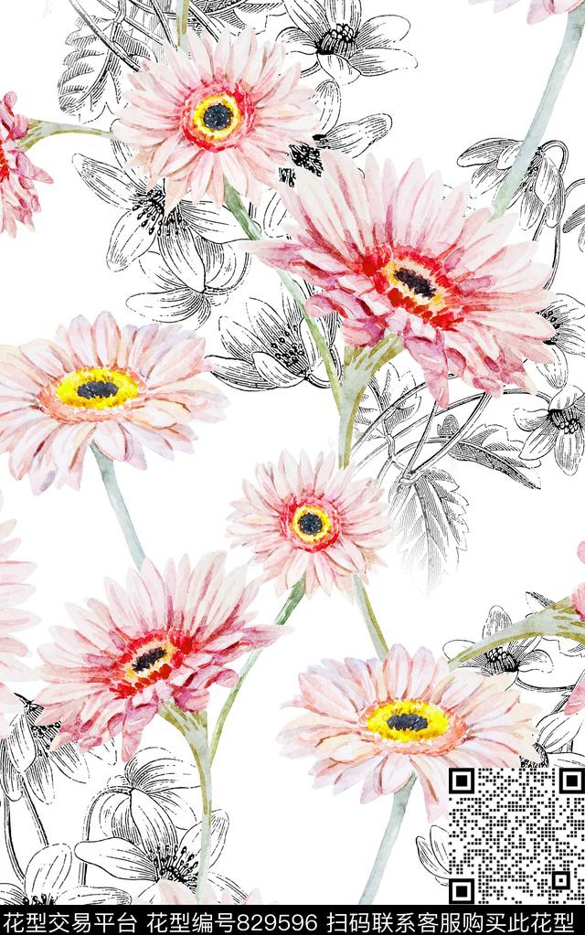雏菊线条花淡彩数码印花华亿平台下载（图片编号: 829596） - 瓦栏（Walan）