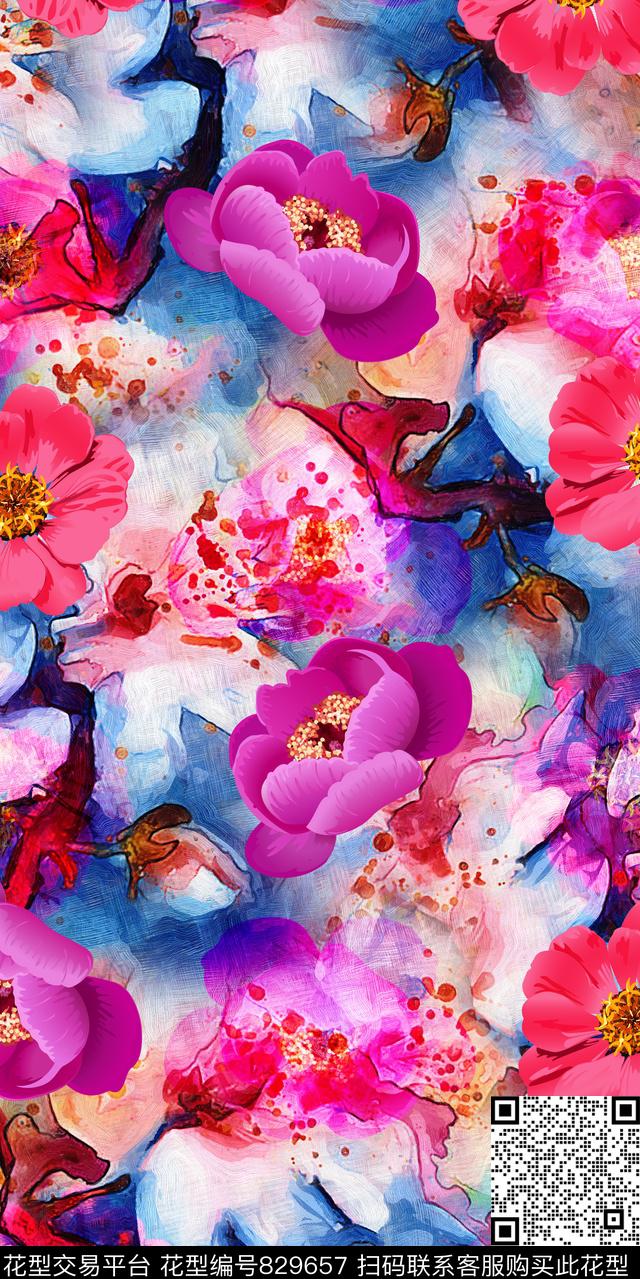 乱花玫瑰牡丹数码印花华亿平台下载（图片编号: 829657） - 瓦栏（Walan）