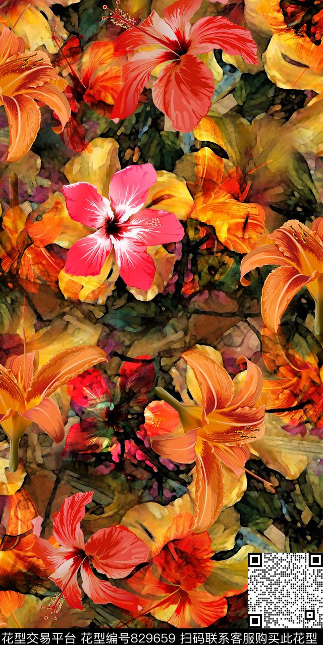 牵牛花雏菊牡丹数码印花华亿平台下载（图片编号: 829659） - 瓦栏（Walan）