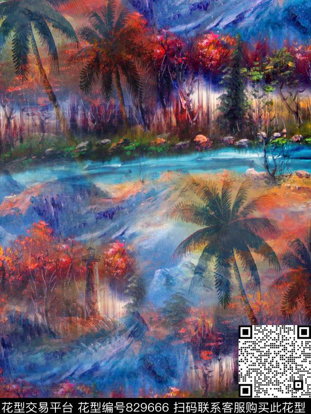 椰树山水国画数码印花华亿平台下载（图片编号: 829666） - 瓦栏（Walan）