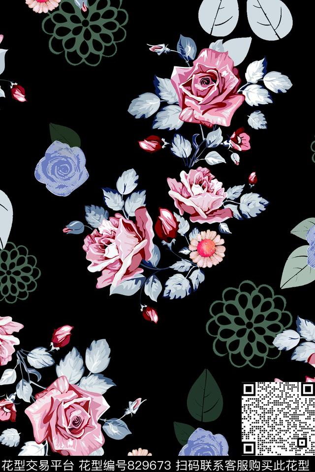 玫瑰线描传统传统印花华亿平台下载（图片编号: 829673） - 瓦栏（Walan）