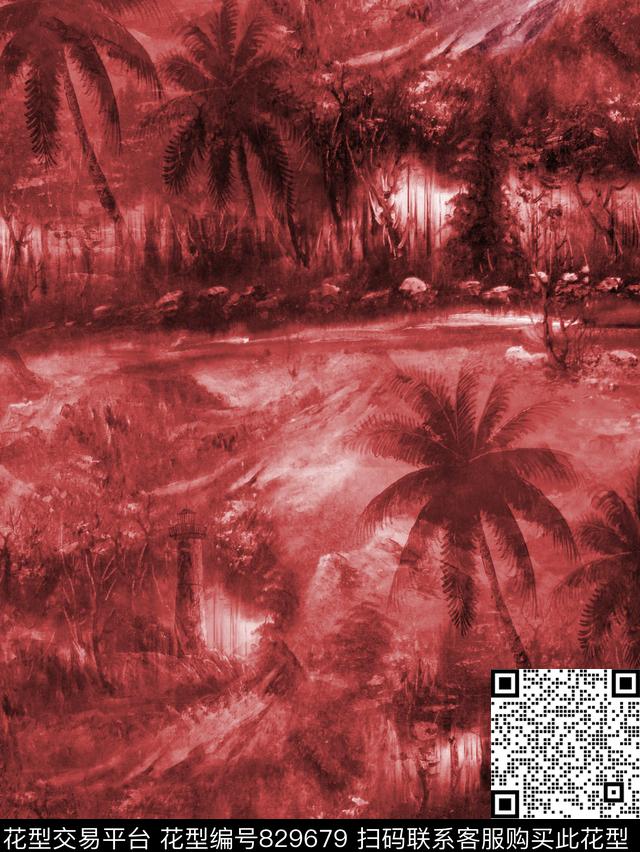 椰树山水天空数码印花华亿平台下载（图片编号: 829679） - 瓦栏（Walan）