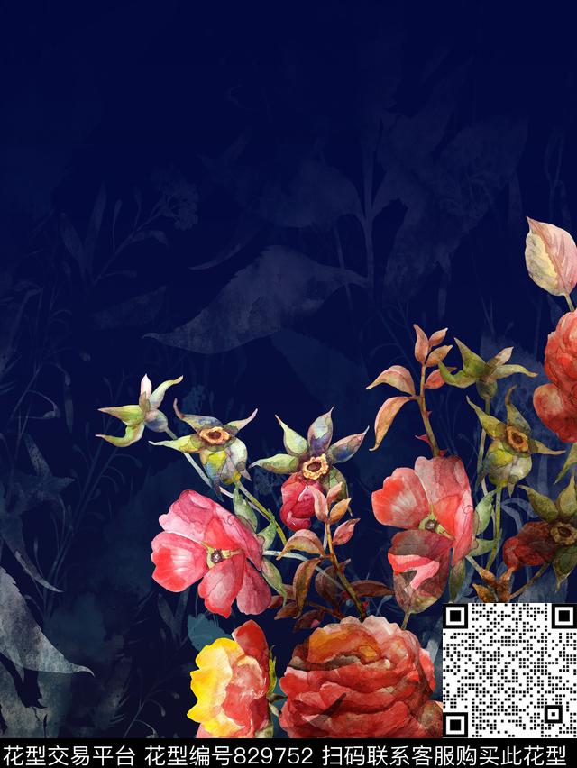 花卉水彩斑驳水彩花数码印花华亿平台下载（图片编号: 829752） - 瓦栏（Walan）