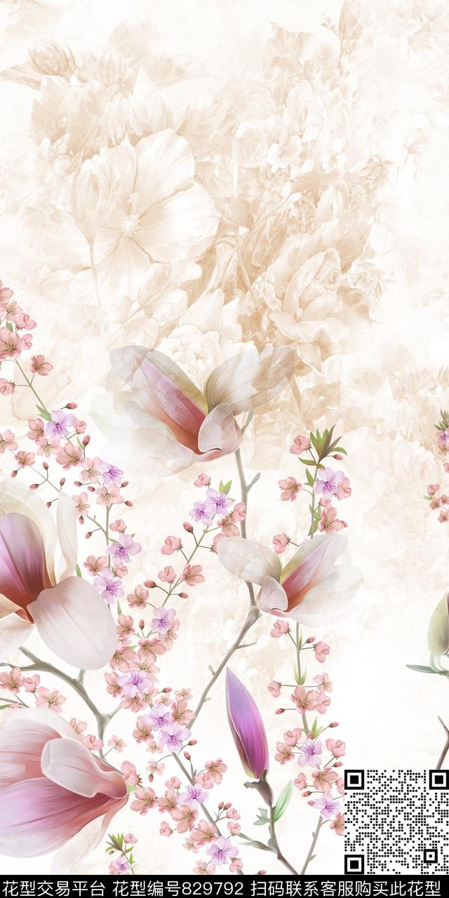 晕染渐变花卉数码印花华亿平台下载（图片编号: 829792） - 瓦栏（Walan）