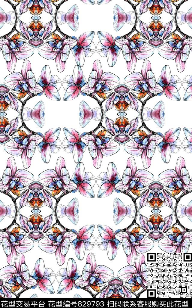 花卉水彩线描数码印花华亿平台下载（图片编号: 829793） - 瓦栏（Walan）