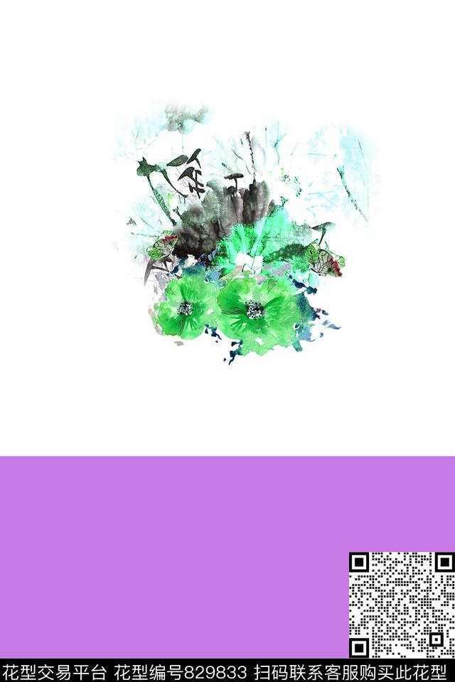 水墨荷花蝴蝶数码印花华亿平台下载（图片编号: 829833） - 瓦栏（Walan）
