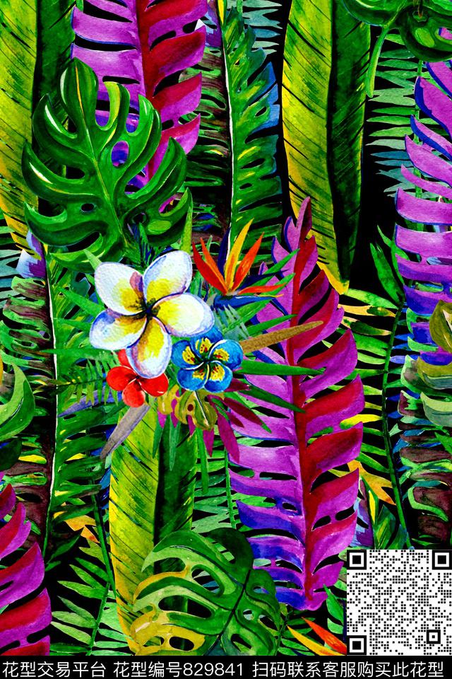 时尚手绘棕榈叶数码印花华亿平台下载（图片编号: 829841） - 瓦栏（Walan）