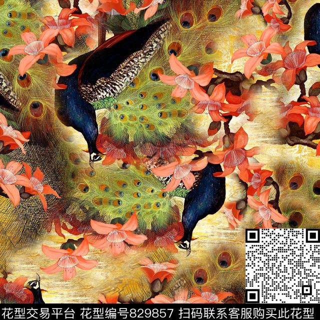 鸟孔雀。木棉花。油画花卉数码印花华亿平台下载（图片编号: 829857） - 瓦栏（Walan）