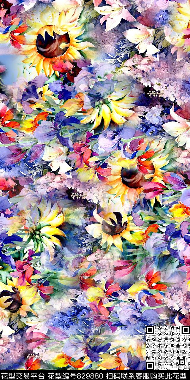 向日葵油画数码数码印花华亿平台下载（图片编号: 829880） - 瓦栏（Walan）