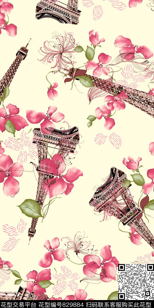 花卉欧式建筑复古数码印花华亿平台下载（图片编号: 829884） - 瓦栏（Walan）