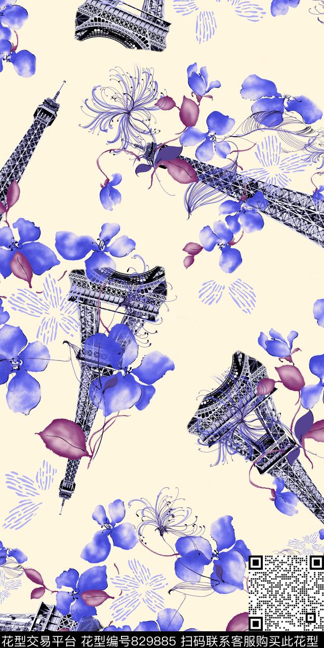 花卉欧式建筑复古数码印花华亿平台下载（图片编号: 829885） - 瓦栏（Walan）