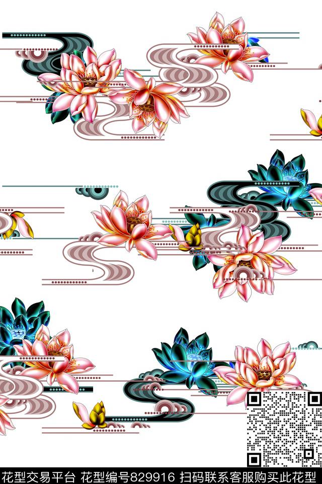 清新时尚几何花卉横条纹数码印花华亿平台下载（图片编号: 829916） - 瓦栏（Walan）