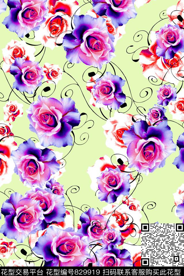 大花花卉清新时尚线条数码印花华亿平台下载（图片编号: 829919） - 瓦栏（Walan）