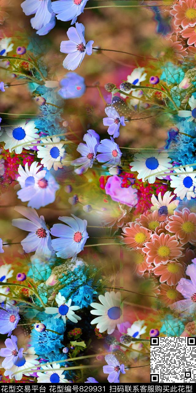 雏菊乱花花朵数码印花华亿平台下载（图片编号: 829931） - 瓦栏（Walan）