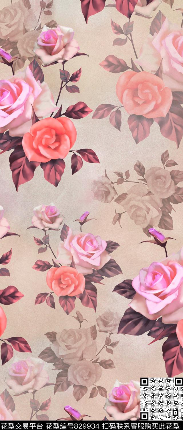 玫瑰大花花卉数码印花华亿平台下载（图片编号: 829934） - 瓦栏（Walan）