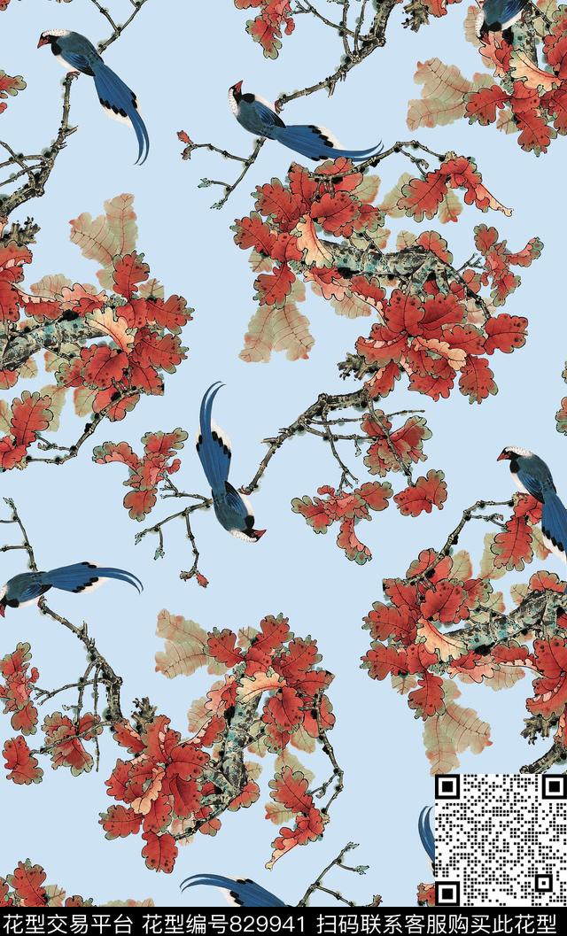 中国风工笔画水墨画枫叶中国风鸟数码印花华亿平台下载（图片编号: 829941） - 瓦栏（Walan）