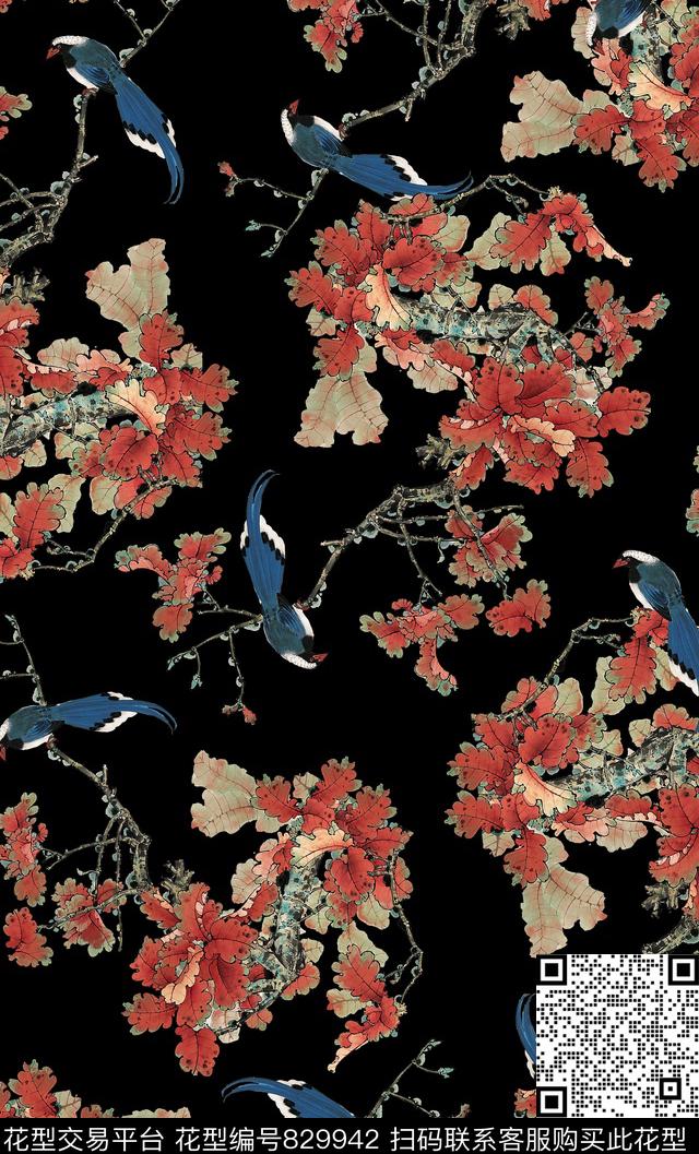 中国风工笔画水墨画枫叶中国风鸟数码印花华亿平台下载（图片编号: 829942） - 瓦栏（Walan）