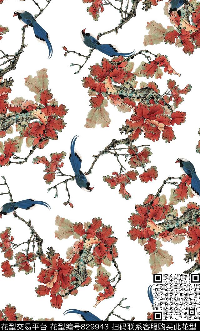 中国风工笔画水墨画枫叶中国风鸟数码印花华亿平台下载（图片编号: 829943） - 瓦栏（Walan）