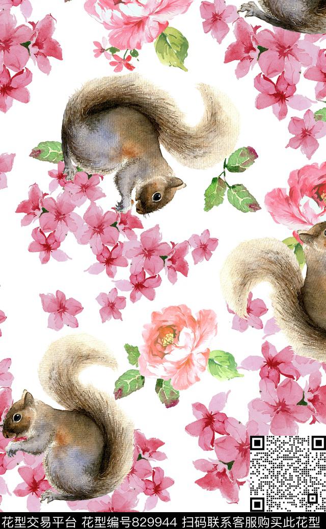 复古手绘花卉松鼠牡丹数码印花华亿平台下载（图片编号: 829944） - 瓦栏（Walan）