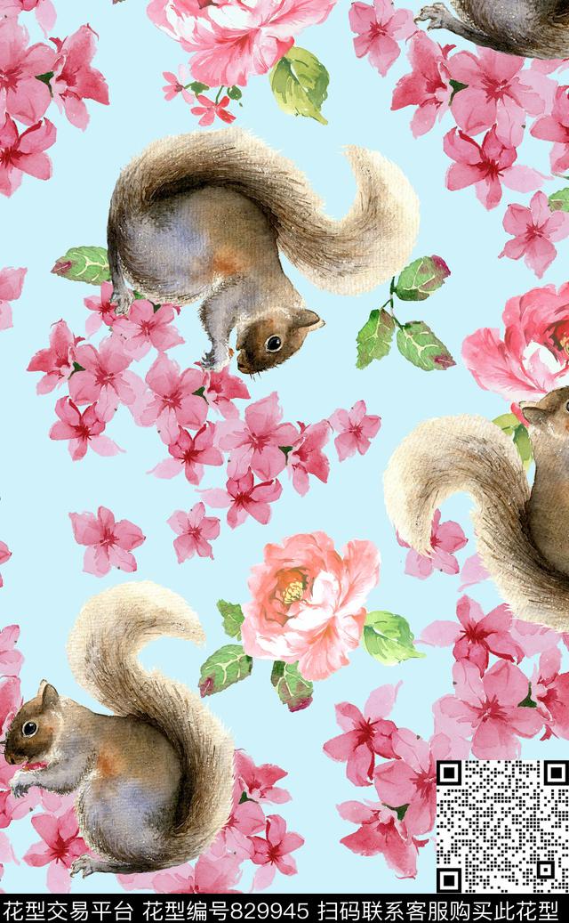 复古手绘花卉松鼠牡丹数码印花华亿平台下载（图片编号: 829945） - 瓦栏（Walan）