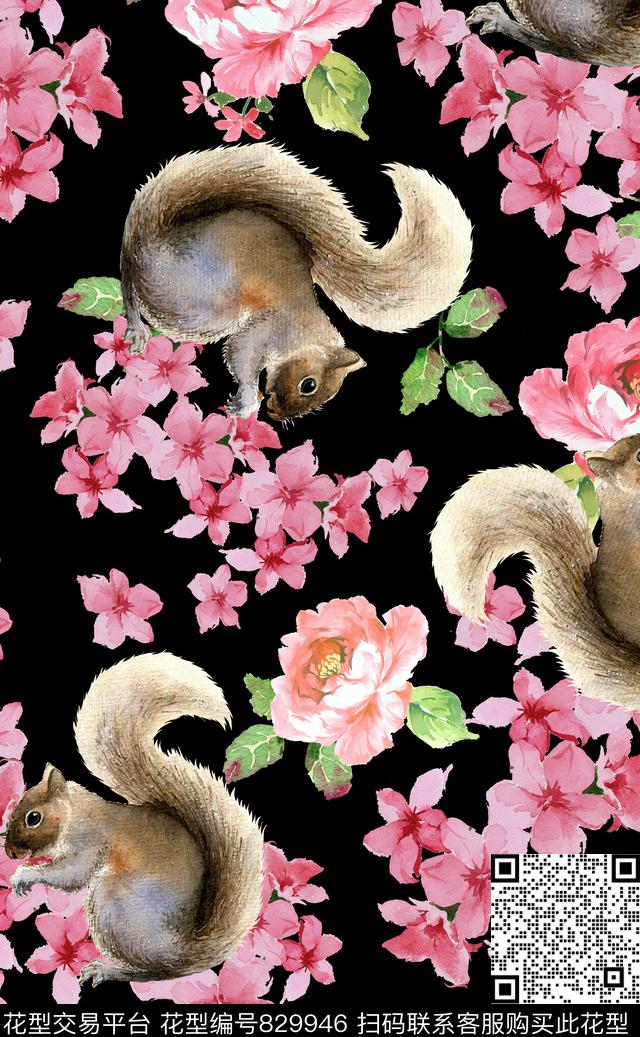 复古手绘花卉松鼠牡丹数码印花华亿平台下载（图片编号: 829946） - 瓦栏（Walan）