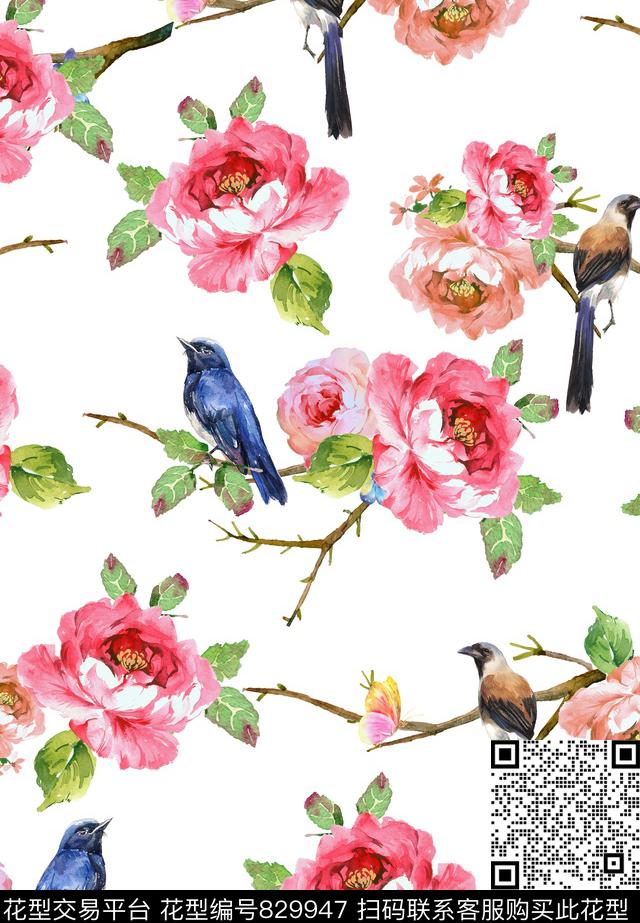 民族风水彩手绘花卉鸟数码印花华亿平台下载（图片编号: 829947） - 瓦栏（Walan）
