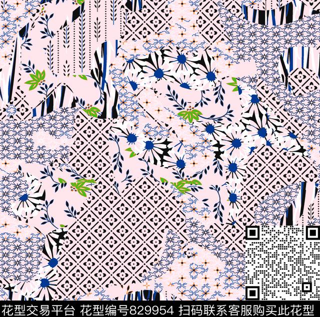 不规则几何几何手绘花传统印花华亿平台下载（图片编号: 829954） - 瓦栏（Walan）