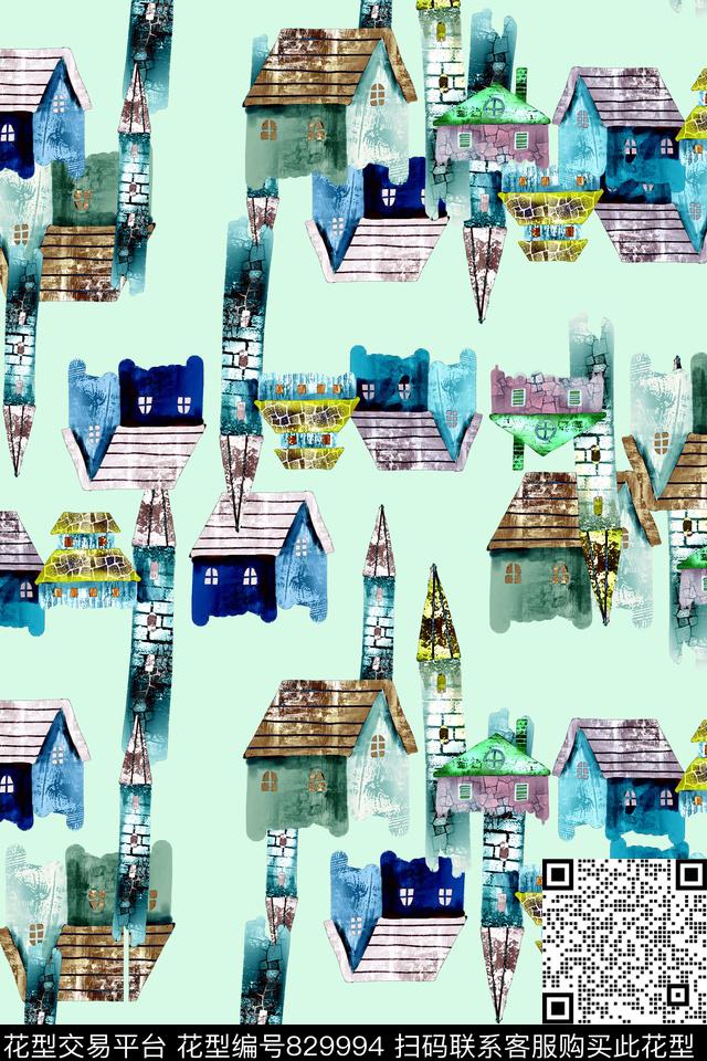 卡通建筑风景数码印花华亿平台下载（图片编号: 829994） - 瓦栏（Walan）