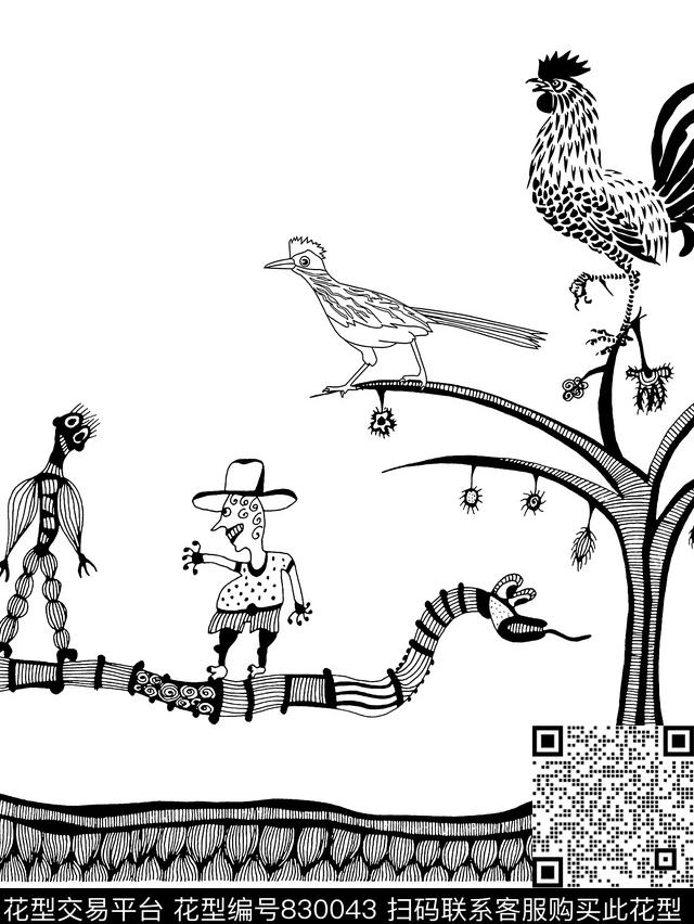 抽象插画公鸡鸟传统印花华亿平台下载（图片编号: 830043） - 瓦栏（Walan）