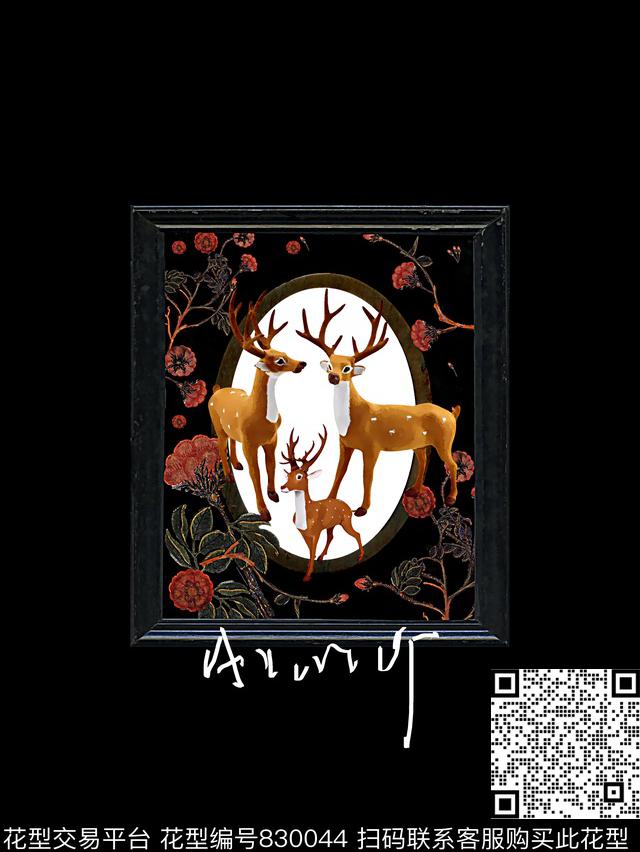 复古相框复古花卉鹿数码印花华亿平台下载（图片编号: 830044） - 瓦栏（Walan）
