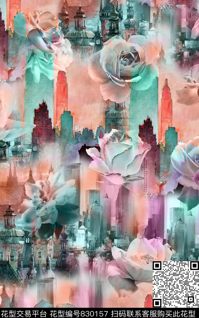 抽象风景花卉数码印花华亿平台下载（图片编号: 830157） - 瓦栏（Walan）