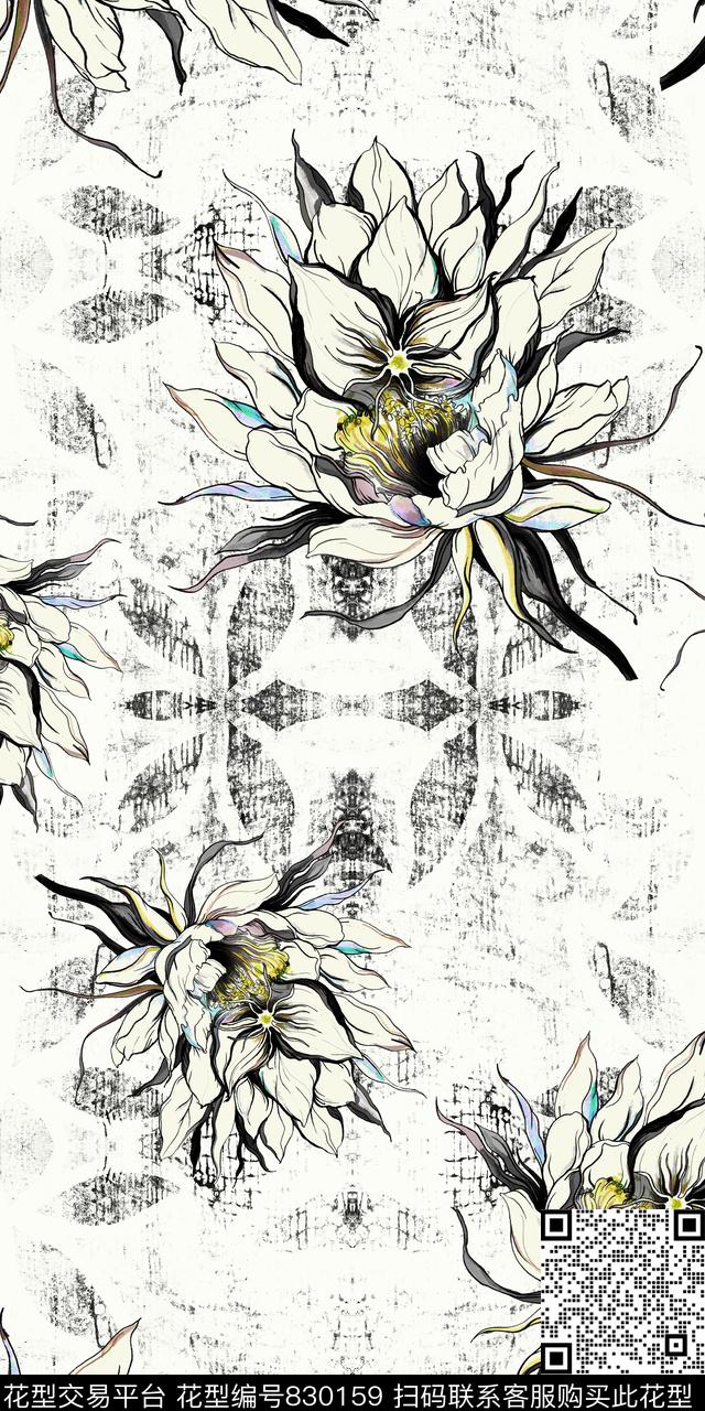 水墨素描线描数码印花华亿平台下载（图片编号: 830159） - 瓦栏（Walan）